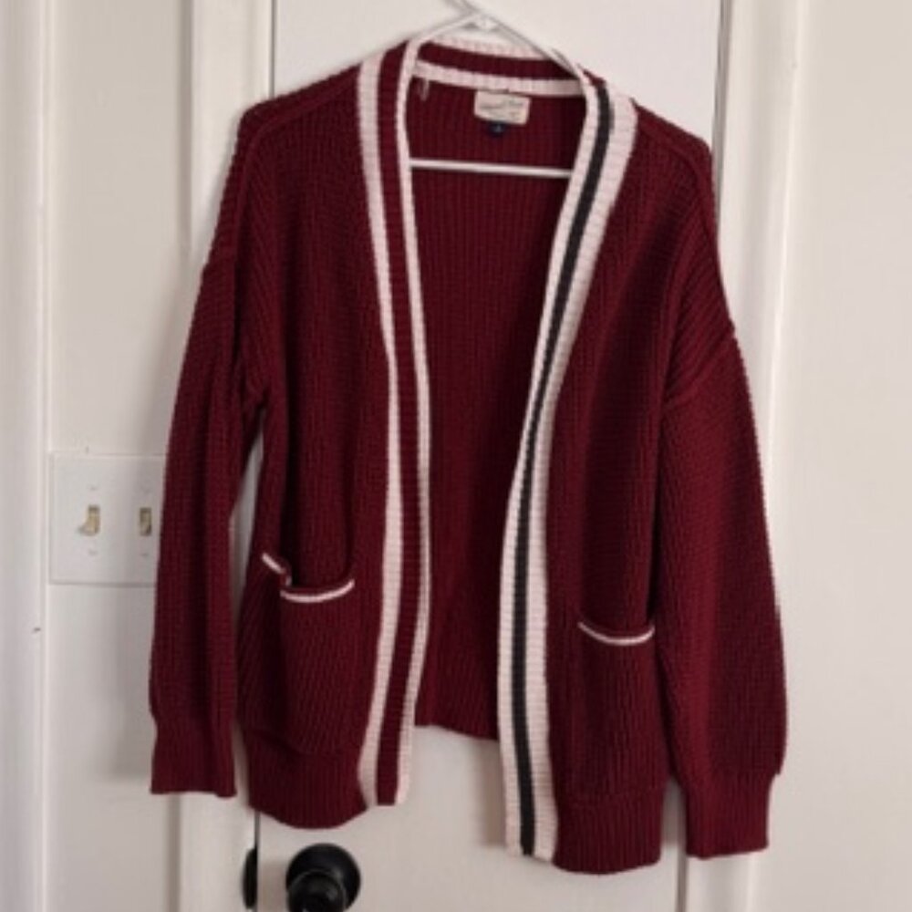 Universal Thread Cardigan Sweater Burgundy Varsity Stripe Academia 100% Cotton M